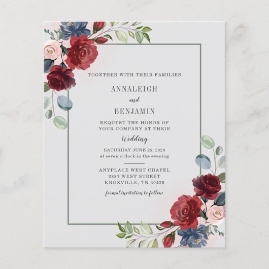 Budget Burgundy Floral Watercolor Moderne Hochzeit (Vorderseite)