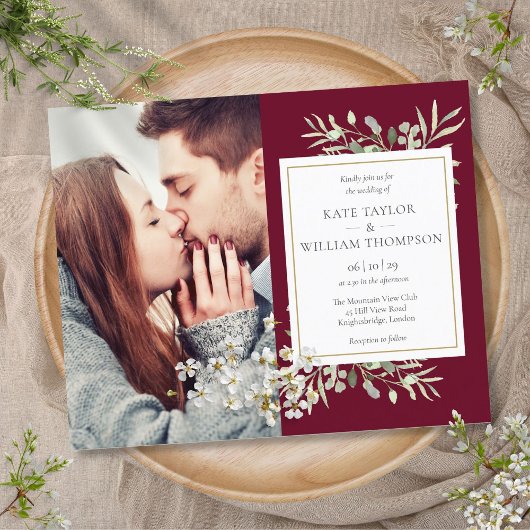 Budget Burgundy Foliage Foto Hochzeit Einladung