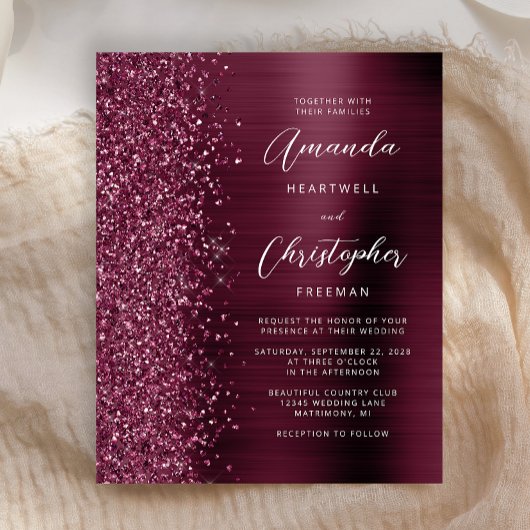 Budget Burgundy Glam Glitzer Einladung Hochzeit