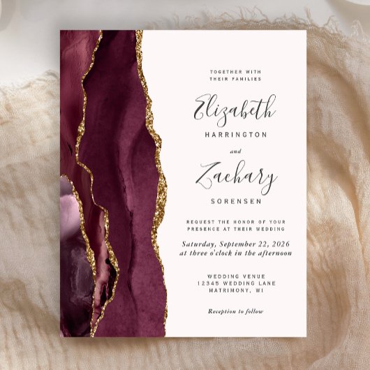 Budget Burgundy Gold Agate Blush Hochzeit Einladun