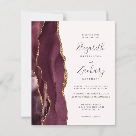 Budget Burgundy Gold Agate Blush QR Code Hochzeit (Vorderseite)