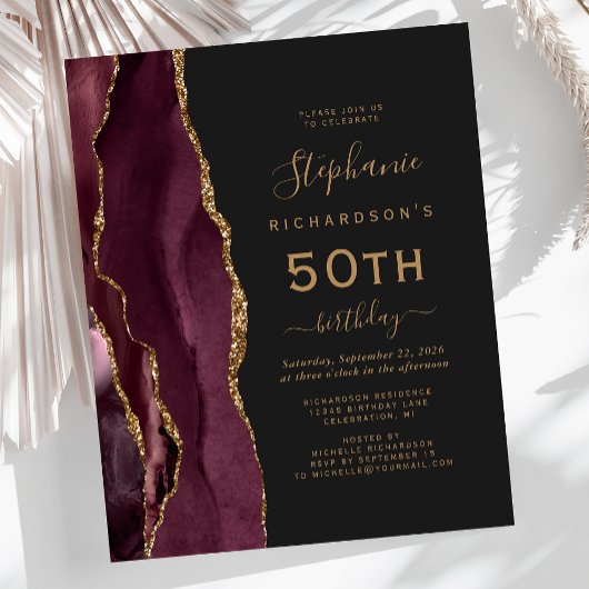 Budget Burgundy Gold Agate Dark 50. Geburtstag