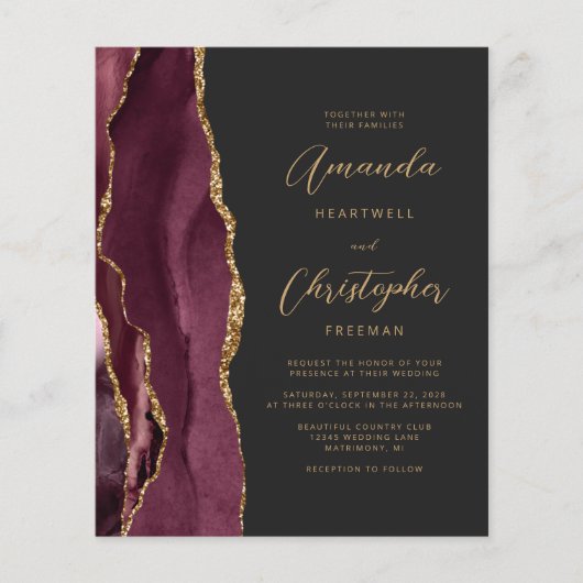 Budget Burgundy Gold Agate Dark QR Code Hochzeit (Vorderseite)