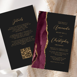 Budget Burgundy Gold Agate Dark QR Code Hochzeit