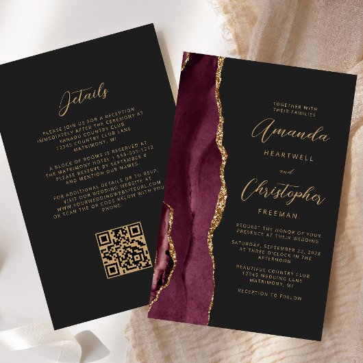 Budget Burgundy Gold Agate Dark QR Code Hochzeit