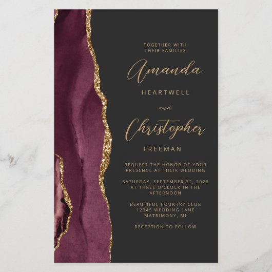 Budget Burgundy Gold Agate Dark QR Code Hochzeit (Vorderseite)