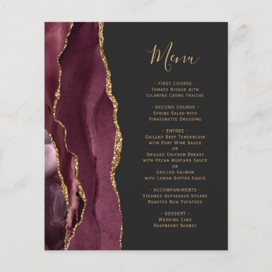 Budget Burgundy Gold Agate Dark Wedding Menü (Vorderseite)