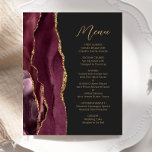 Budget Burgundy Gold Agate Dark Wedding Menü<br><div class="desc">Die links Seite dieses eleganten,  modernen Hochzeitsmenüs besticht durch ein bordeauxrotes Aquarelldesign,  das mit vergoldetem Imitat-Glitzer besticht. Der anpassbare Text kombiniert goldfarbenes Handschriftzeichen und serifenlose Schriftart auf dunklem Hintergrund. Die Bordeaux- und Goldagate-Gestaltung wird auf der Rückseite wiederholt.</div>