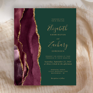 Budget Burgundy Gold Agate Green Wedding Einladung