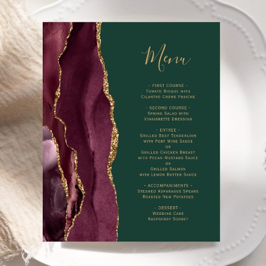 Budget Burgundy Gold Agate Green Wedding Menu
