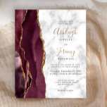 Budget Burgundy Gold Agate Marble Wedite Einladung<br><div class="desc">Die links Kulisse dieser modernen Hochzeitseinladung besticht durch eine bordeauxrote Aquarellgrenze mit vergoldetem Imitat-Glitzer. Der anpassbare Text kombiniert goldfarbenes Handschriftskript mit schwarzem Kupferblech und kursiven Schriftart auf grauem und weißem Marmorhintergrund. Auf der Rückseite ist ein passendes Bordeaux- und Gold-Agate-Design.</div>