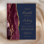 Budget Burgundy Gold Agate Navy Hochzeit Einladung<br><div class="desc">Die links Kulisse dieser modernen Hochzeitseinladung besticht durch eine bordeauxrote Aquarellgrenze mit vergoldetem Imitat-Glitzer. Der anpassbare Text kombiniert goldfarbene Handschrift,  Copperplate und kursiv Schriftart auf marinebasischem Hintergrund. Auf der Rückseite ist ein passendes Bordeaux- und Gold-Agate-Design.</div>