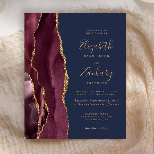 Budget Burgundy Gold Agate Navy Hochzeit Einladung