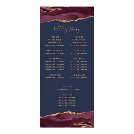 Budget Burgundy Gold Agate Navy Hochzeitsprogramm Werbekarte (Hinten)