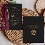 Budget Burgundy Gold Agate QR Code 50. Geburtstag<br><div class="desc">Die links Kulisse dieses eleganten,  modernen 50. Geburtstagsfeiers besticht durch eine bordeauxrote Aquarellgrenze,  die mit vergoldetem Imitat-Glitzer besticht. Der anpassbare Text kombiniert goldfarbene Handschrift,  Copperplate und kursiv Schriftart auf schwarzem Schieferboden. Fügen Sie auf der Kartenrückseite UAWG Anweisungen hinzu,  und Sie können einen QR-Code scannen,  um online zu antworten.</div>