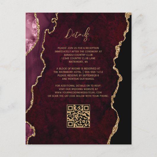 Budget Burgundy Gold Agate QR Code Einladung (Rückseite)