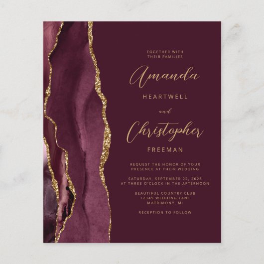 Budget Burgundy Gold Agate QR Code Einladung (Vorderseite)