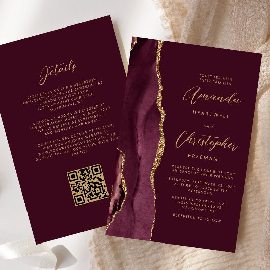 Budget Burgundy Gold Agate QR Code Hochzeit