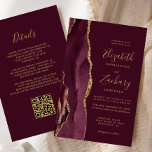Budget Burgundy Gold Agate QR Code Hochzeit<br><div class="desc">Die links Seite dieses eleganten, modernen Hochzeitseinladens besticht durch eine bordeauxrote Aquarellgrenze, die mit vergoldetem Imitat bestickt ist. Der anpassbare Text kombiniert handgeschriebene Holzkohle, Kupferplatte und kursiv Schriftart auf bordeauxrotem Hintergrund. Fügen Sie zusätzliche Details auf der Rückseite, zusammen mit einem QR-Code, um Ihren Gästen zu helfen, besuchen Sie Ihre Hochzeitswebsite....</div>