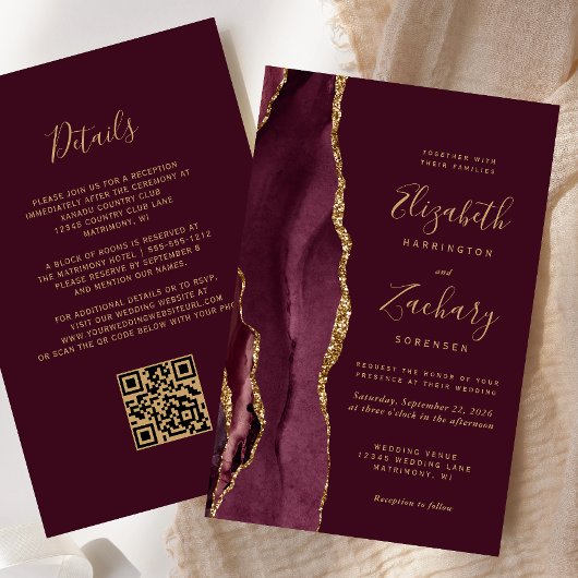 Budget Burgundy Gold Agate QR Code Hochzeit