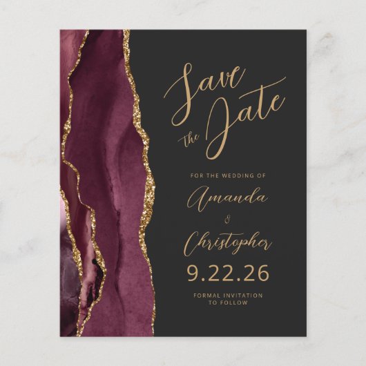 Budget Burgundy Gold Agate Script Save the Date (Vorderseite)