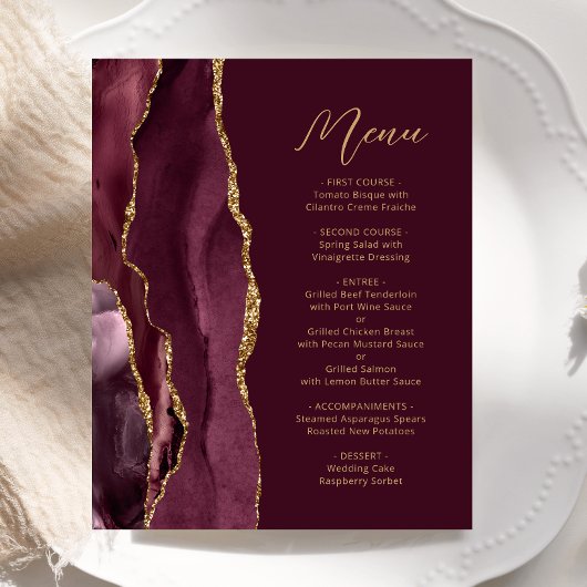 Budget Burgundy Gold Agate Script Wedding Menü