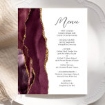Budget Burgundy Gold Agate Script Wedding Menü<br><div class="desc">Die links Seite dieses eleganten,  modernen Hochzeitsmenüs besticht durch ein bordeauxrotes Aquarelldesign,  das mit vergoldetem Imitat-Glitzer besticht. Der benutzerdefinierbare Text kombiniert handgeschriebene handgeschriebene Schriftzeichen aus Holzkohle und serifenlose Schriftart auf weißem Hintergrund. Die Bordeaux- und Goldagate-Gestaltung wird auf der Rückseite wiederholt.</div>
