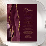 Budget Burgundy Gold Agate Script Wedding Menü<br><div class="desc">Die links Seite dieses eleganten,  modernen Hochzeitsmenüs besticht durch ein bordeauxrotes Aquarelldesign,  das mit vergoldetem Imitat-Glitzer besticht. Der anpassbare Text kombiniert goldfarbenes Handschriftenskript und singt serifenlose Schriftart auf bordeauxrotem Hintergrund. Die Bordeaux- und Goldagate-Gestaltung wird auf der Rückseite wiederholt.</div>