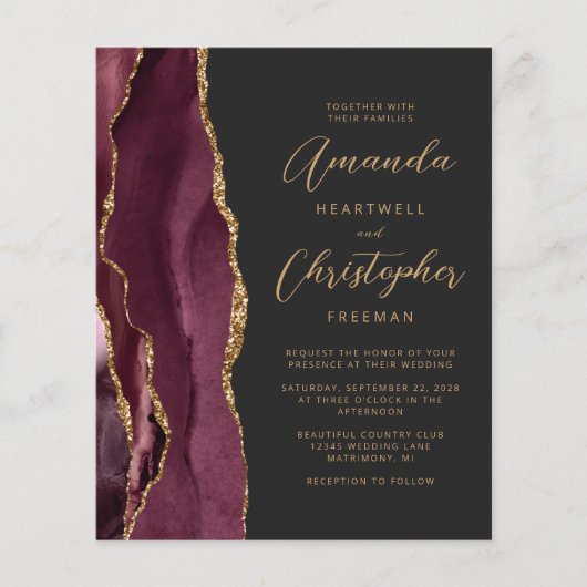 Budget Burgundy Gold Agate Slate Hochzeit Einladun (Vorderseite)
