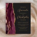 Budget Burgundy Gold Agate Slate Hochzeit Einladun<br><div class="desc">Die links Kulisse dieser modernen Hochzeitseinladung besticht durch eine bordeauxrote Aquarellgrenze mit vergoldetem Imitat-Glitzer. Der anpassbare Text kombiniert goldfarbenes Skript und singt serifenlose Schriftart auf schwarzem Hintergrund. Auf der Rückseite ist ein passendes Bordeaux- und Gold-Agate-Design.</div>