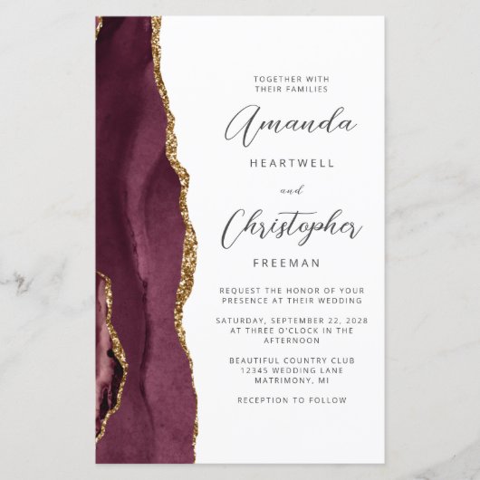 Budget Burgundy Gold Agate Wedding (Vorderseite)