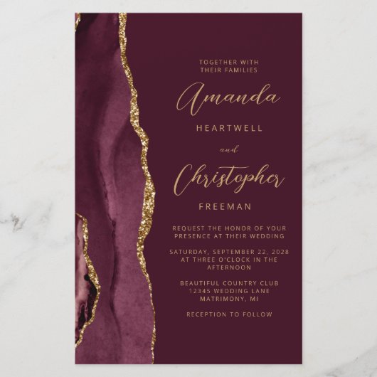 Budget Burgundy Gold Agate Wedding (Vorderseite)