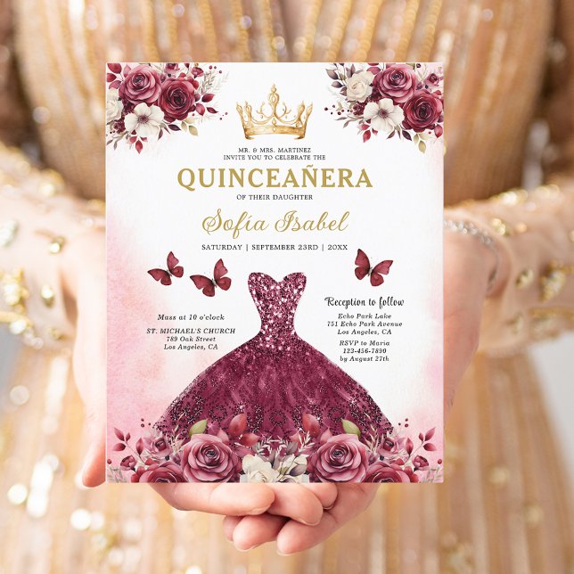 Budget Burgundy Gold Bilingual Spanish Quinceanera (Von Creator hochgeladen)