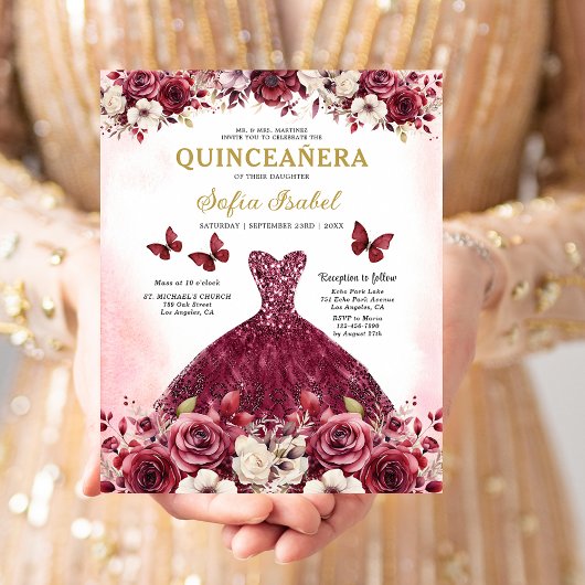 Budget Burgundy Gold Bilingual Spanish Quinceanera Flyer