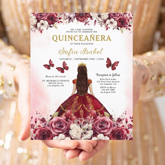 Budget Burgundy Gold Bilingual Spanish Quinceanera Flyer