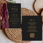 Budget Burgundy Gold Dark QR Code Hochzeit einlade<br><div class="desc">Rett die Kosten für das Drucken und Verschicken separater RSVP-Karten mit dieser eleganten, modernen All-in-One-Hochzeitseinladung. Der links Rand ist mit einem bordeauxroten Aquarellstreifen versehen, der mit vergoldetem Imitat-Glitzer bestickt ist. Der anpassbare Text kombiniert goldfarbene Handschrift, Copperplate und kursiv Schriftart auf schwarzem Schieferboden. Die Rückseite bietet Platz für Hochzeitsdetails auf einem...</div>