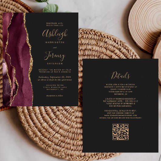 Budget Burgundy Gold Dark QR Code Hochzeit einlade