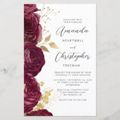 Budget Burgundy Gold Floral QR Code Hochzeit (Vorderseite)