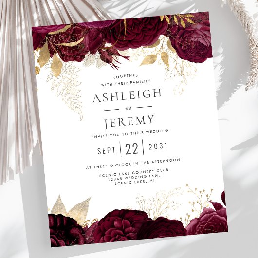 Budget Burgundy Gold Floral Wedding Einladung