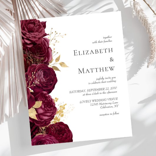 Budget Burgundy Gold Floral Wedding Einladung