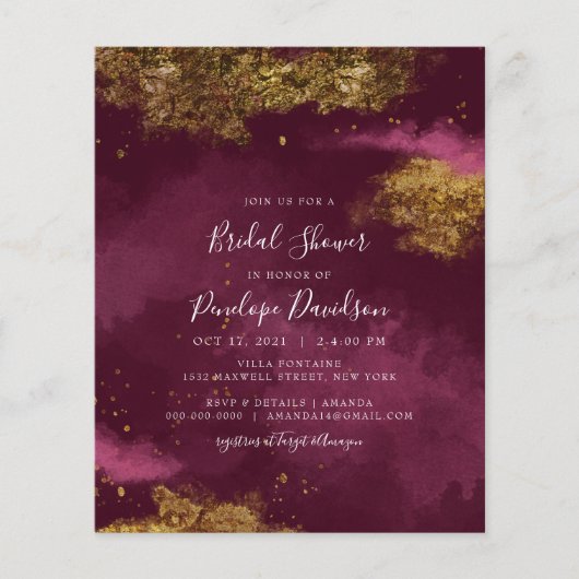Budget Burgundy Gold Foil Bridal Dusche Einladung (Vorderseite)