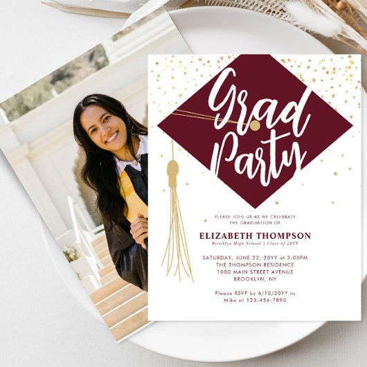 Budget Burgundy Gold Foto Graduation Party Einladu
