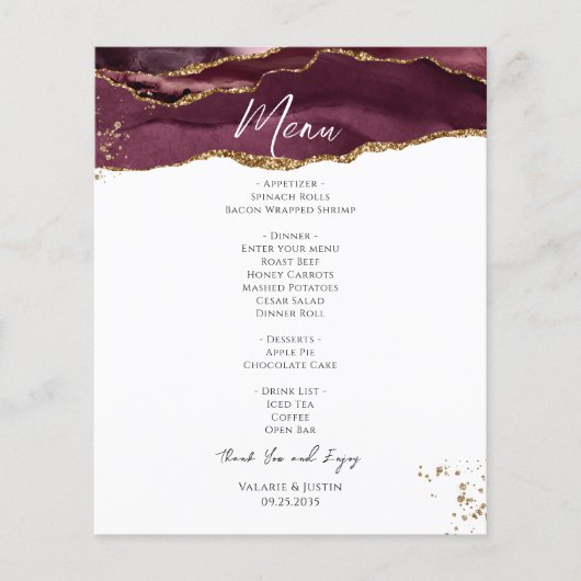 Budget Burgundy Gold Glitzer Marble Wedding Menü (Vorne)