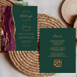 Budget Burgundy Gold Green QR Code Hochzeit einlad<br><div class="desc">Rett die Kosten für das Drucken und Verschicken separater RSVP-Karten mit dieser eleganten, modernen All-in-One-Hochzeitseinladung. Der links Rand ist mit einem bordeauxroten Aquarellstreifen versehen, der mit vergoldetem Imitat-Glitzer bestickt ist. Der anpassbare Text kombiniert goldfarbene Handschrift, Copperplate und kursiv Schriftart auf einem smaragdgrünen Hintergrund. Die Rückseite bietet Platz für Hochzeitsdetails auf...</div>