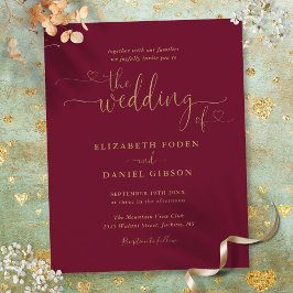 Budget Burgundy Gold Hearts Skript Hochzeit einlad