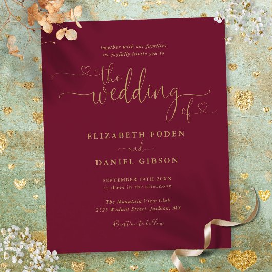 Budget Burgundy Gold Hearts Skript Hochzeit einlad