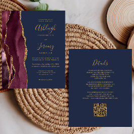 Budget Burgundy Gold Navy QR Code Hochzeit einlade