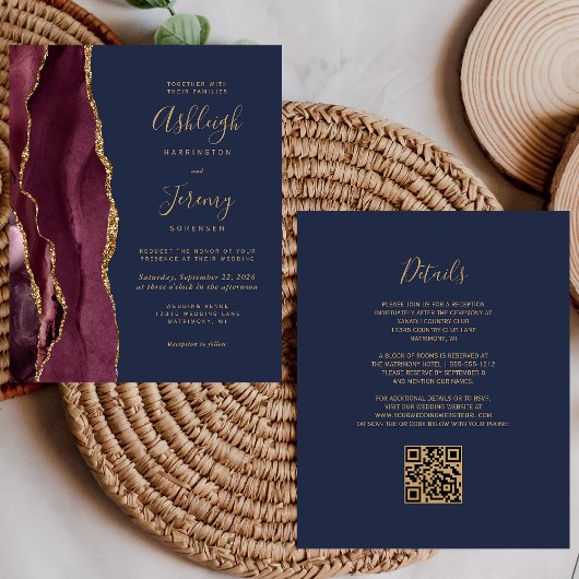 Budget Burgundy Gold Navy QR Code Hochzeit einlade