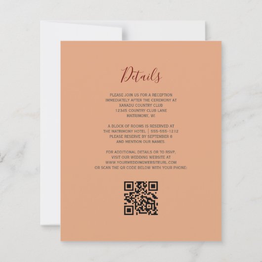 Budget Burgundy Gold Peach QR Code Hochzeit einlad (Rückseite)