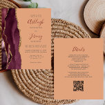 Budget Burgundy Gold Peach QR Code Hochzeit einlad<br><div class="desc">Rett die Kosten für das Drucken und Verschicken separater RSVP-Karten mit dieser eleganten, modernen All-in-One-Hochzeitseinladung. Der links Rand ist mit einem bordeauxroten Aquarellstreifen versehen, der mit vergoldetem Imitat-Glitzer bestickt ist. Der anpassbare Text kombiniert burgundische Handschrift mit kohlegrauer Kupferplatte und kursiven Schriftart auf pfirsichfarbenem Hintergrund. Die Rückseite bietet Platz für Hochzeitsdetails...</div>